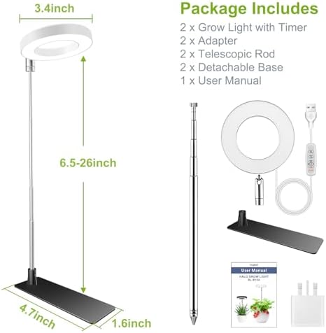 Kullsinss Grow Lights for Indoor Plants Full Spectrum Halo Growing lamp with Detachable Base Height Adjustable 3 Colors 10 Dimming Automatic Timer Plant Light for Small Plants Growing 2-Pack BL-C10B