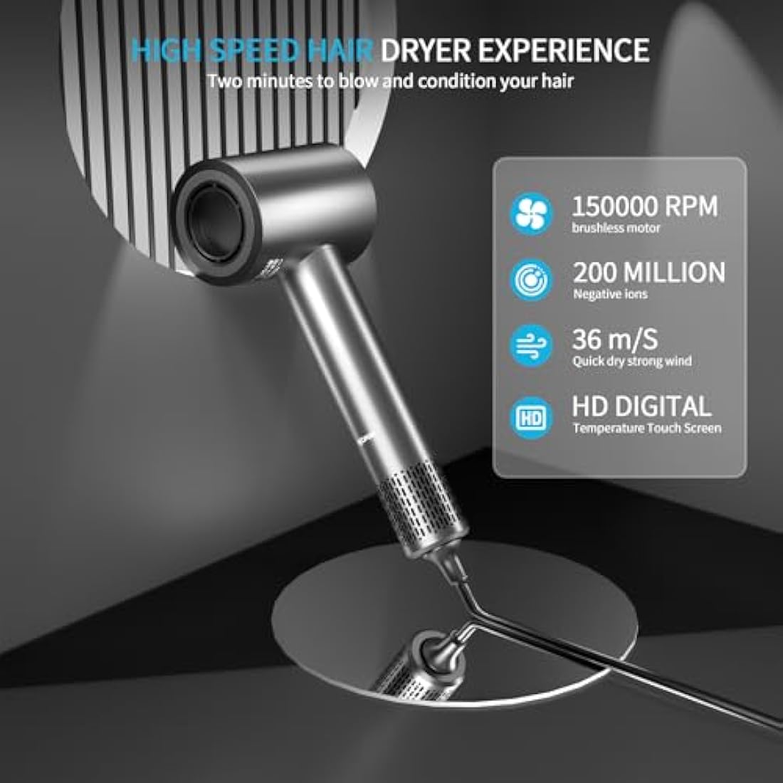 BAMCOO Hair Dryer Hairdryer Travel Hairdryers for Women Ionic Silent Hairdryer 1500W HD Display Temperature Touchscreen Low Noise Ion Hair Dryer 4 Temperature Settings (Grey)
