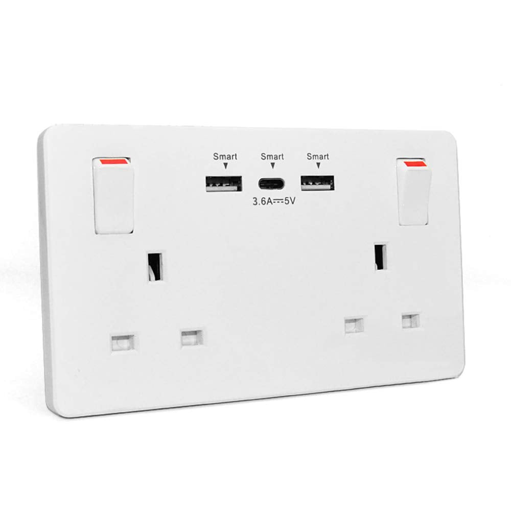 Wall Socket Double Switched with 2USB and 1 Type C Fast Charging,13 Amp 2 Gang White Electric Socket