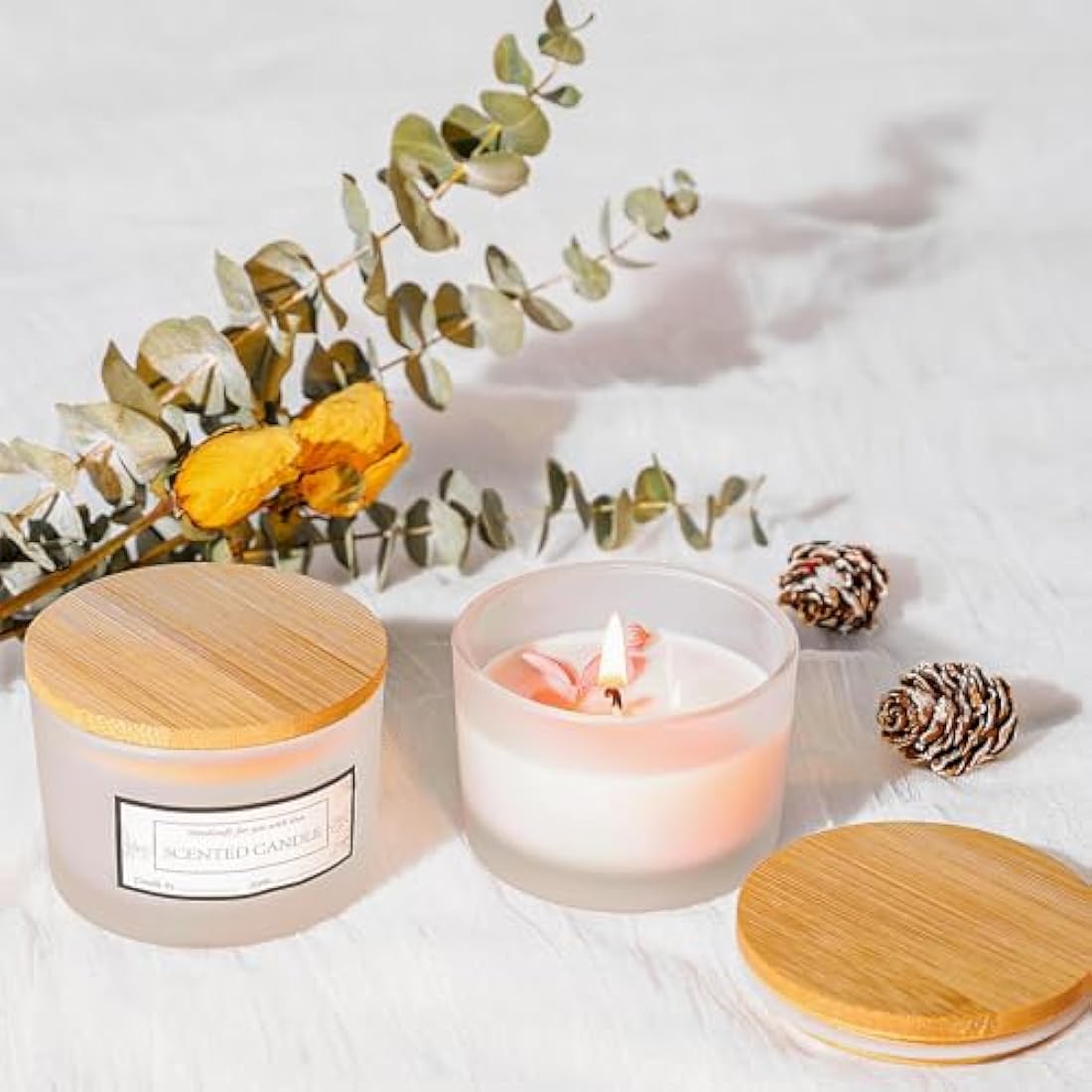 CONNOO 15 Pack 4 OZ Frosted Glass Candle Jars with Airtight Bamboo Lids, Bulk Small Wide Mouth Empty Candle Containers with Sticky Warning Labels - Dishwasher Safe