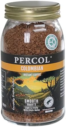 Percol - Smooth Colombian Instant Coffee (6x100g), 100% Hand-Picked Colombian Arabica, Freeze Dried, Light & Fruity Citrus Notes, Strength 3, Sustainable, Metal Lid, Recyclable, Rainforest Alliance