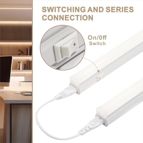 Qsmile LED Batten Lights with UK Plug, 6-Pack 4FT 18W 2200lm Garage Lighting, T5 4000K Workshop Lighting, Connect Up to 6 LED Tube Lights, Office Lighting with On/Off Switch, Light Fixture