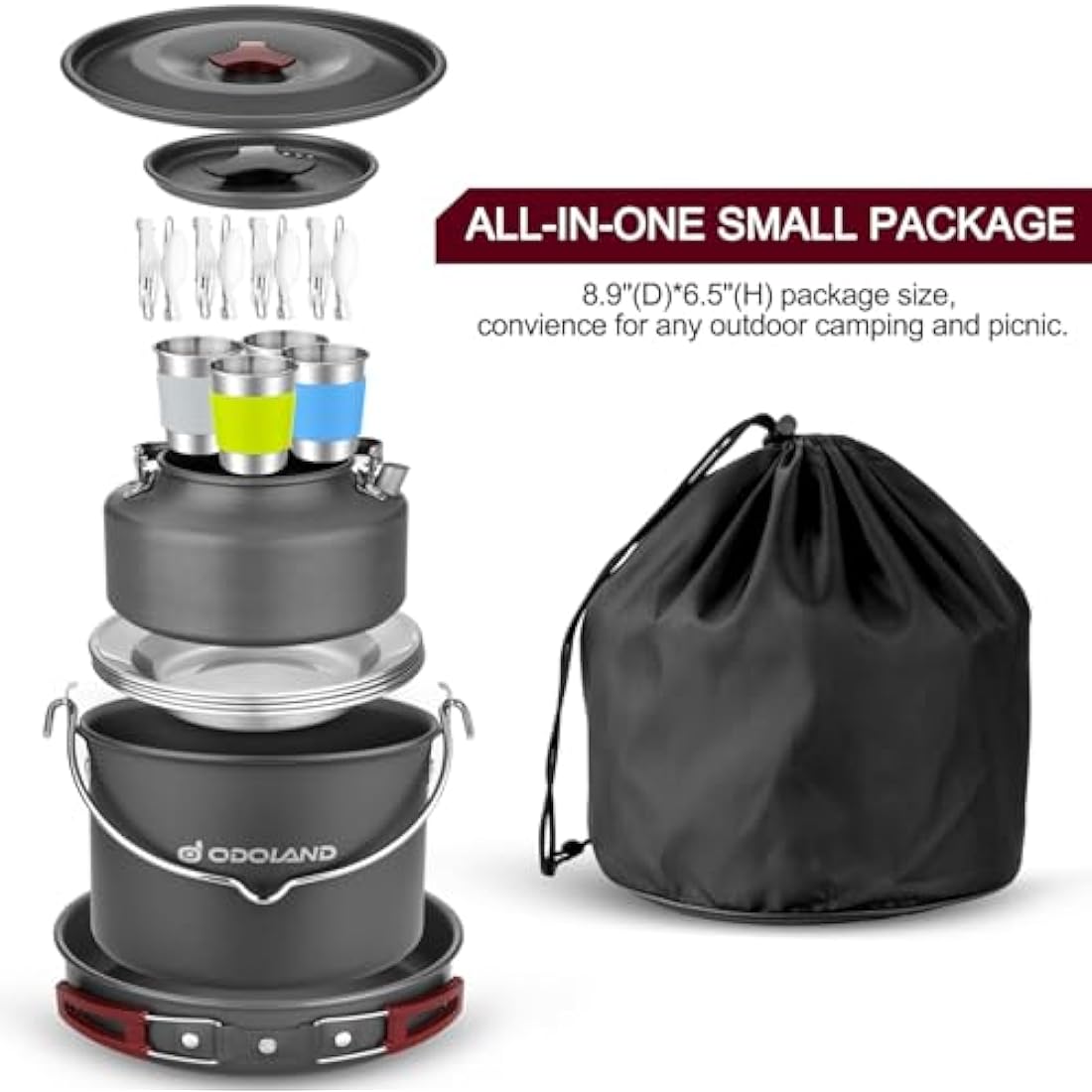 Odoland Camping Cookware Kit for 3-4 People Portable Stainless steel Cooking Set for Camping, Backpacking, Outdoor Cooking and Picnic