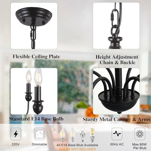 MRHYSWD Black Chandelier, 6 Lights Metal Vintage Chandeliers Ceiling Lights Living Room Bedroom Kitchen Hall, Vintage Pendant Light with E14 Socket - Height Adjustment - Without Bulbs