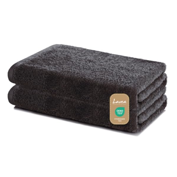 Lavea Bath Towels Set of 2, 60 x 120 cm, Soft and Absorbent 100% Cotton Towels, Anthracite, Oeko-Tex 100 Certified, with Hanging Loops, Washable at 60
