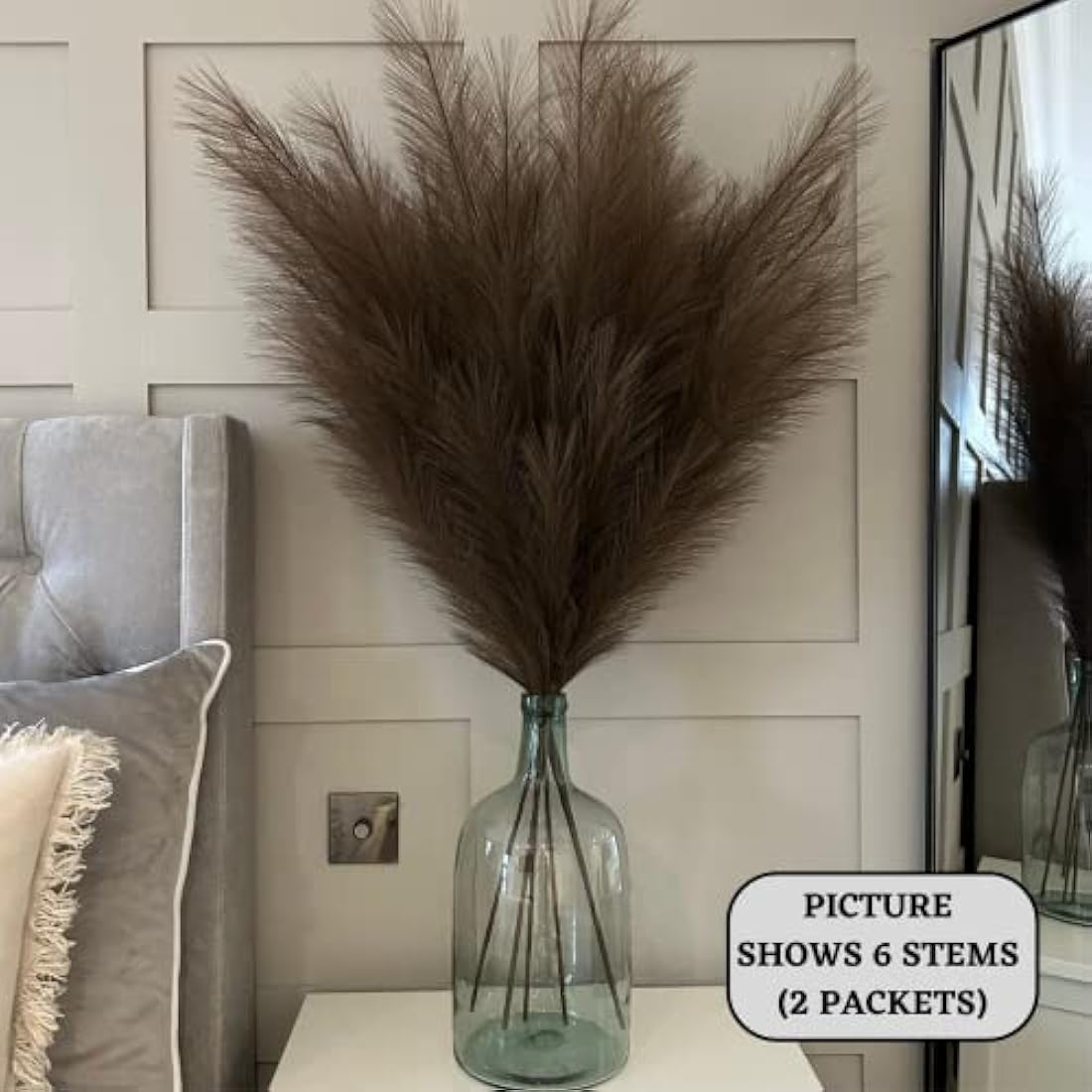 VOULUX Extra Large Tall Dark Brown Fake Faux Artificial Pampas Grass Large Fluffy x3 115cm Stems x18 Decorative Artificial Flora Feathers For Floor Vases Tall Plant Flowers Long Pampas Grass