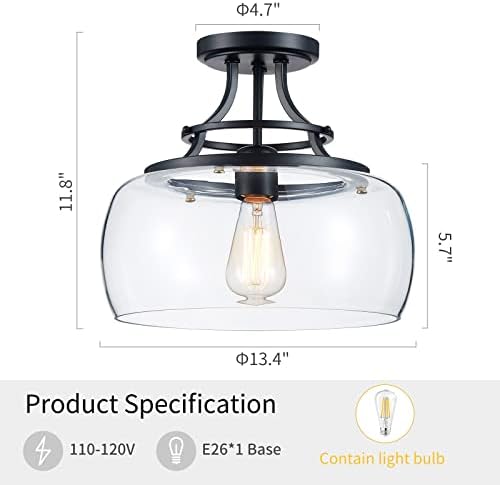 WUZUPS Chandelier Rustic Farmhouse Industrial Round Semi-flushmount Ceiling LED Light Fixture with Clear Glass Shades for Bathroom Kitchen Foyer Entryway, H 30 x W 34, E27 Base, Black