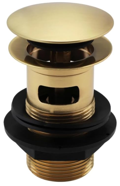 ENKI, W16, Brushed Brass, Slotted, Standard 1.1/4" Connection Pop Up Basin Waste Sink Plug, Push Button Click Clack Plug, Allows Water to Drain Away,