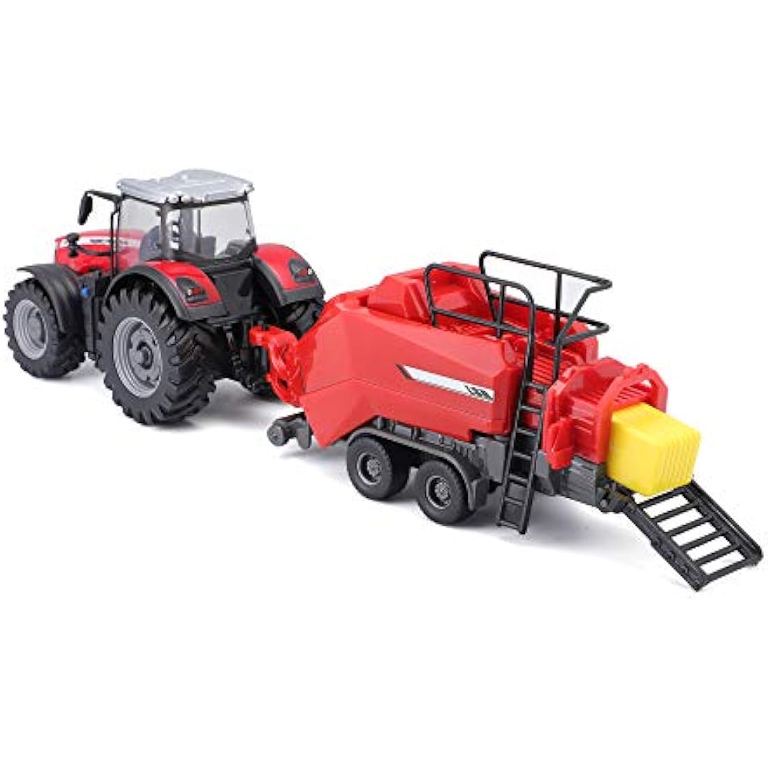 Bburago Die-Cast MASSEY FERGUSSON 8740S TRACTOR with Workiing BALER LIFTER - Detailed Replica Collectible Model Toy, Red