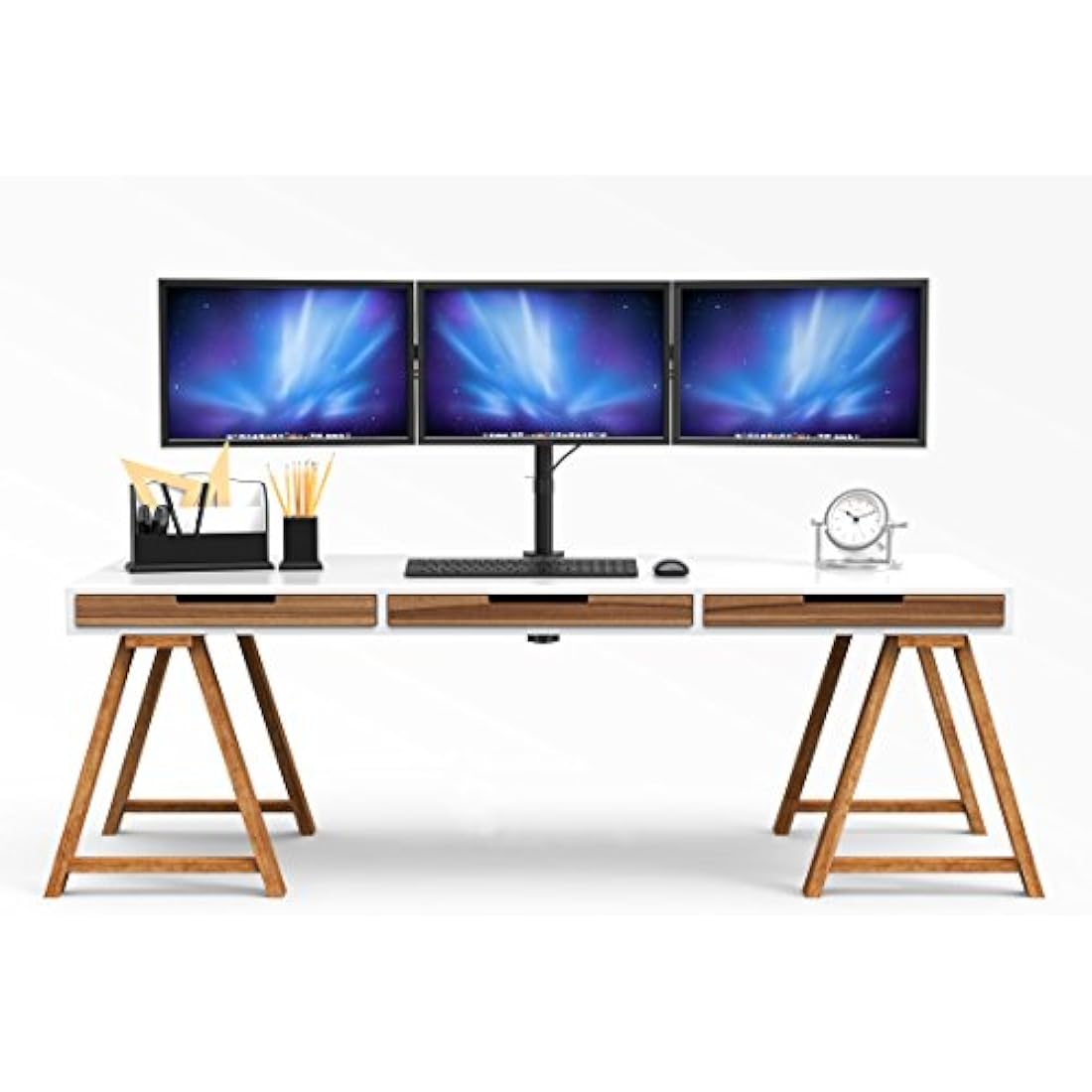 BONTEC Triple Monitor Stand for 3 Monitors 13-24 inch, Triple Arm Desk Mount for LCD LED Computer Screens Up to 10kg, VESA 75x75/100x100 with 2 Installation methods
