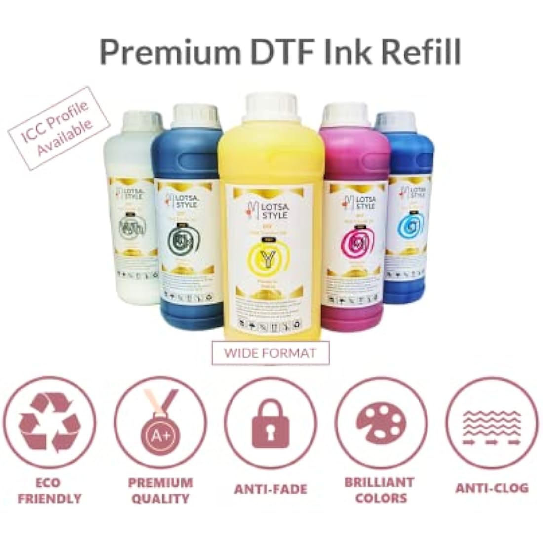 LOTSA. STYLE Premium PRO DTF Ink Refill for Inkjet Printers Heat Transfer Film Printing, Large and Wide Format Commercial Edition (1000ml, White)