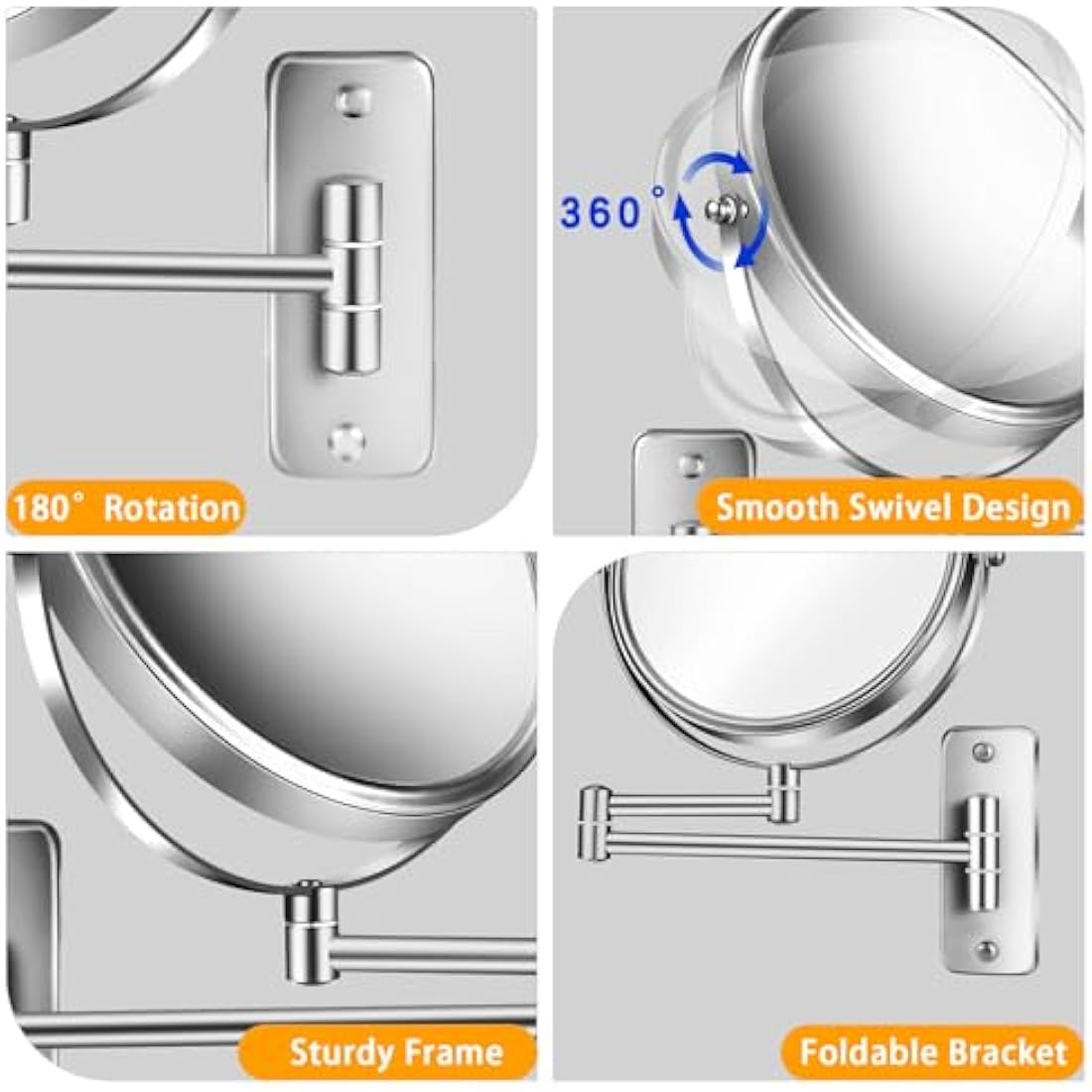 AusDaur Wall Mounted 10X Magnifying Makeup Mirror 8" Double-Side With Extension Arm 360 Swivel for Bathroom and Hotel - Chrome