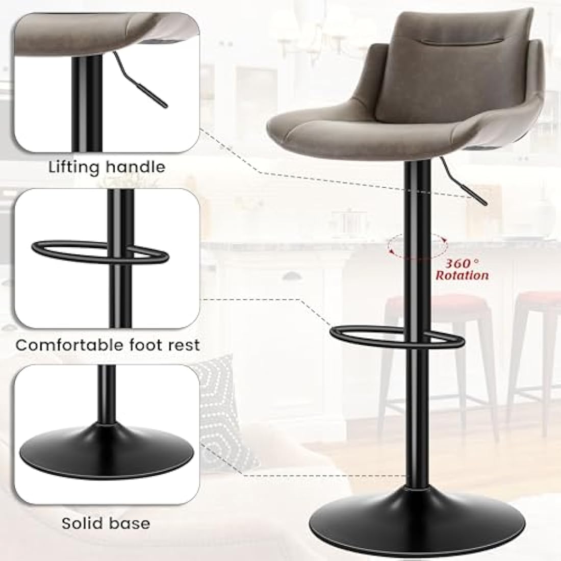 LXRADEO Bar Stools Set of 2 - PU Leather Height Adjustable With Backrest, Modern Swivel Kitchen Stools for Dining Room & Counter, Ergonomic Rotating Chairs With Wide Stable Base, Brown