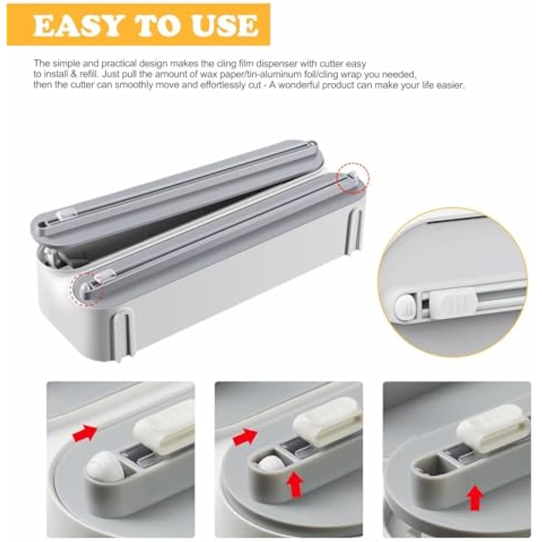 Magnetic Cling Film Dispenser and Cutter - Upgraded 3-in-1 Wall-Mounted Kitchen Roll Holder, Quasziwa Refillable Aluminium Foil Dispenser with Paper Towel Holder - Includes 1x50m Clingfilm Roll, White