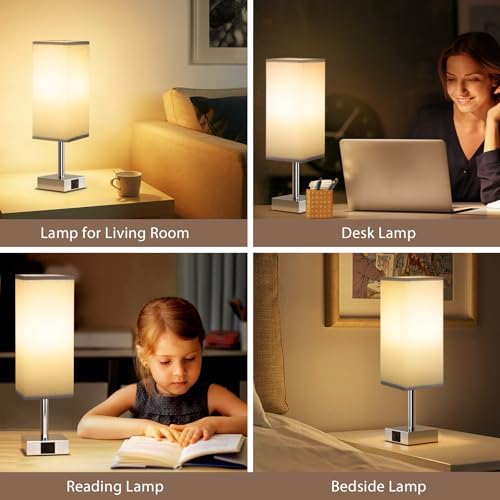 Aooshine Touch Bedside Lamps Set of 2, Touch Bed Lamp with USB-C+A Charging Ports, 3-Way Dimmable Table Lamps for Bedroom with Grey Fabric Shade(Bulbs Included)