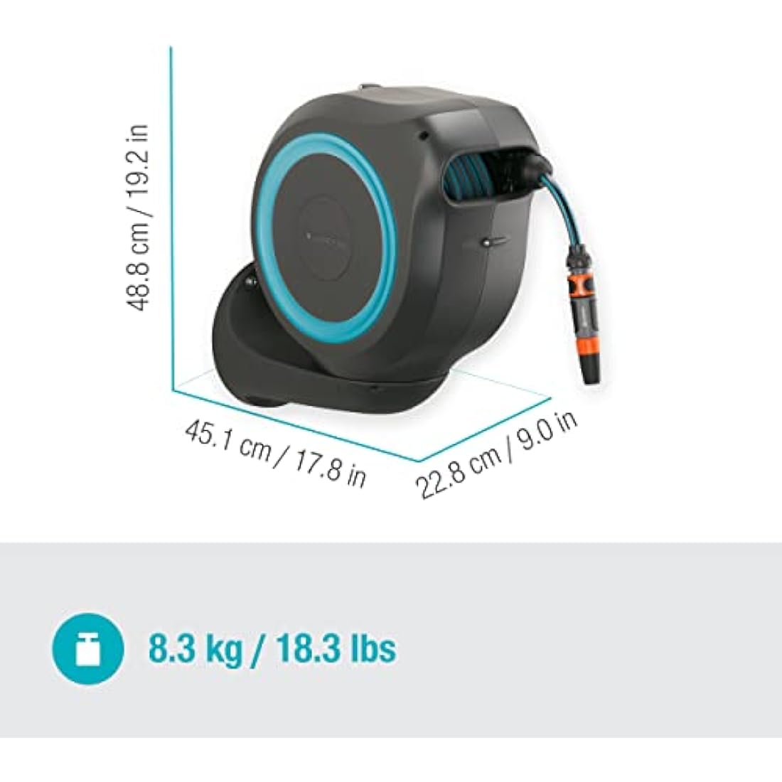 Gardena Wall-Mounted Hose Box Rollup M 20 m: Flexible Watering for Medium-Sized Gardens, Swivel Hose Reel, with Wall Bracket, System Parts and Nozzle, Including 20 m Gardena Hose (18610-20)