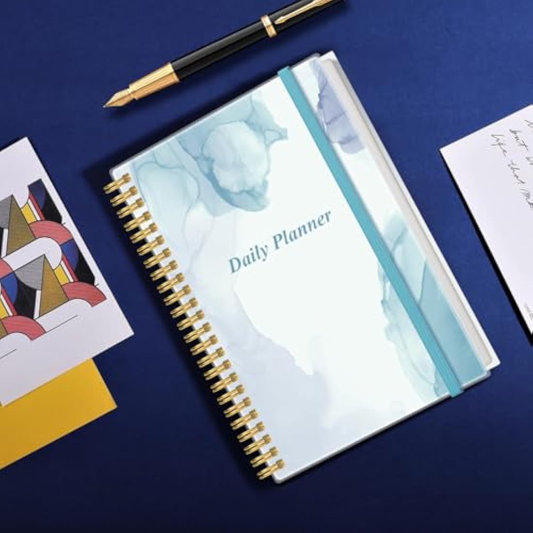 Daily Planner Undated - A5 To Do List Notebook Hourly Schedules, Spiral Appointment Planner for Women and Men, PVC Hardcover, Inner Pocket, Elastic Closure, 5.8" x 8.5", Blue Watercolor
