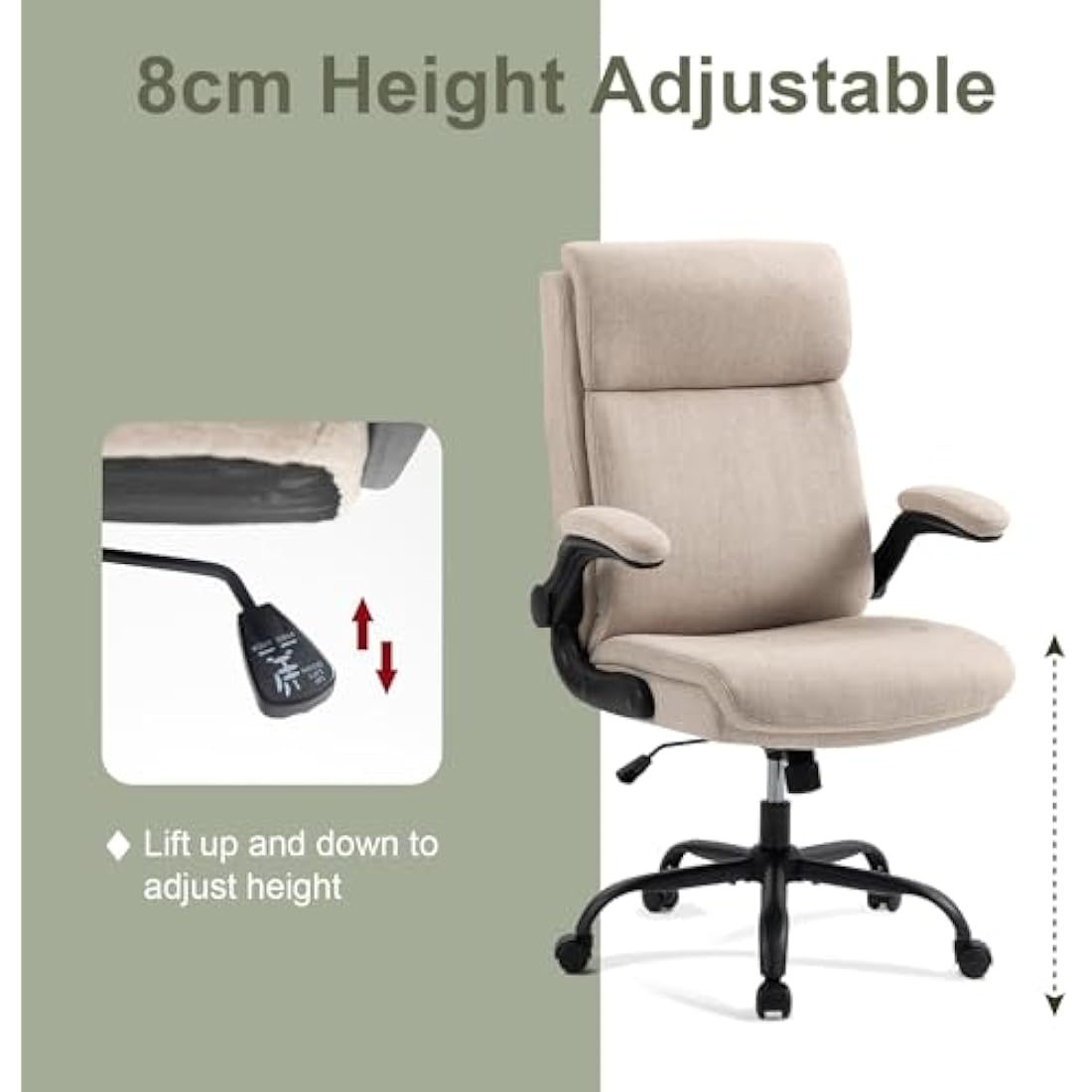 CASTLOVE Ergonomic Office Chair Computer Chair Executive Office Chair with Flip Up Armrest High Back Rocking Function Height Adjustable Comfortable Desk Chair for Home Office Fabric Cream