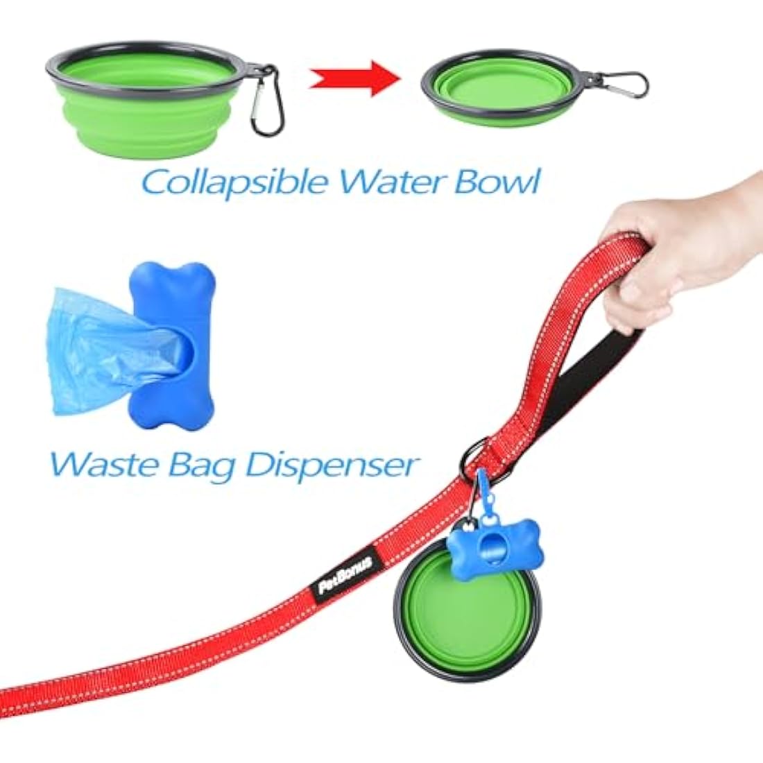 PetBonus Double Dog Leash, No Tangle Dual Leash, Reflective Walking Training Lead, 4 Comfortable Padded Handles for 2 Dogs with Collapsible Bowl and Waste Bags (Red, Large)