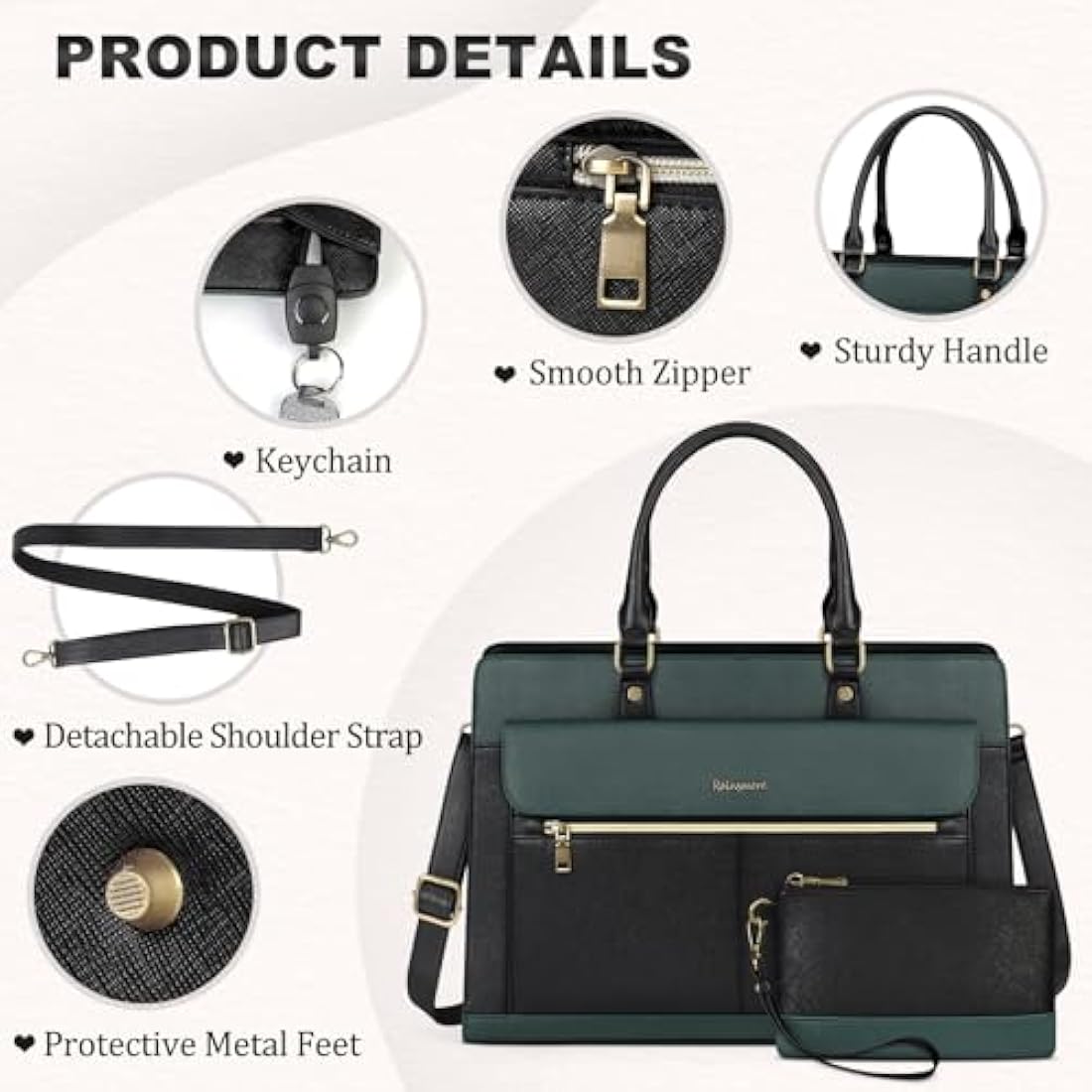 RAINSMORE Laptop Bags Handbags for Women 15.6 Inch PU Leather Large Tote Bag Work Bag with Clutch Bag Designer Women's Bags Ladies Laptop Handbag for School Green