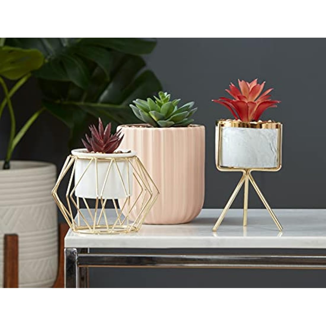 Sleepdown Halo Deep Purple Succulent Artificial Faux Plant Gold Cage Stand for Home Office Bathroom Decor Indoor Decoration Aesthetics