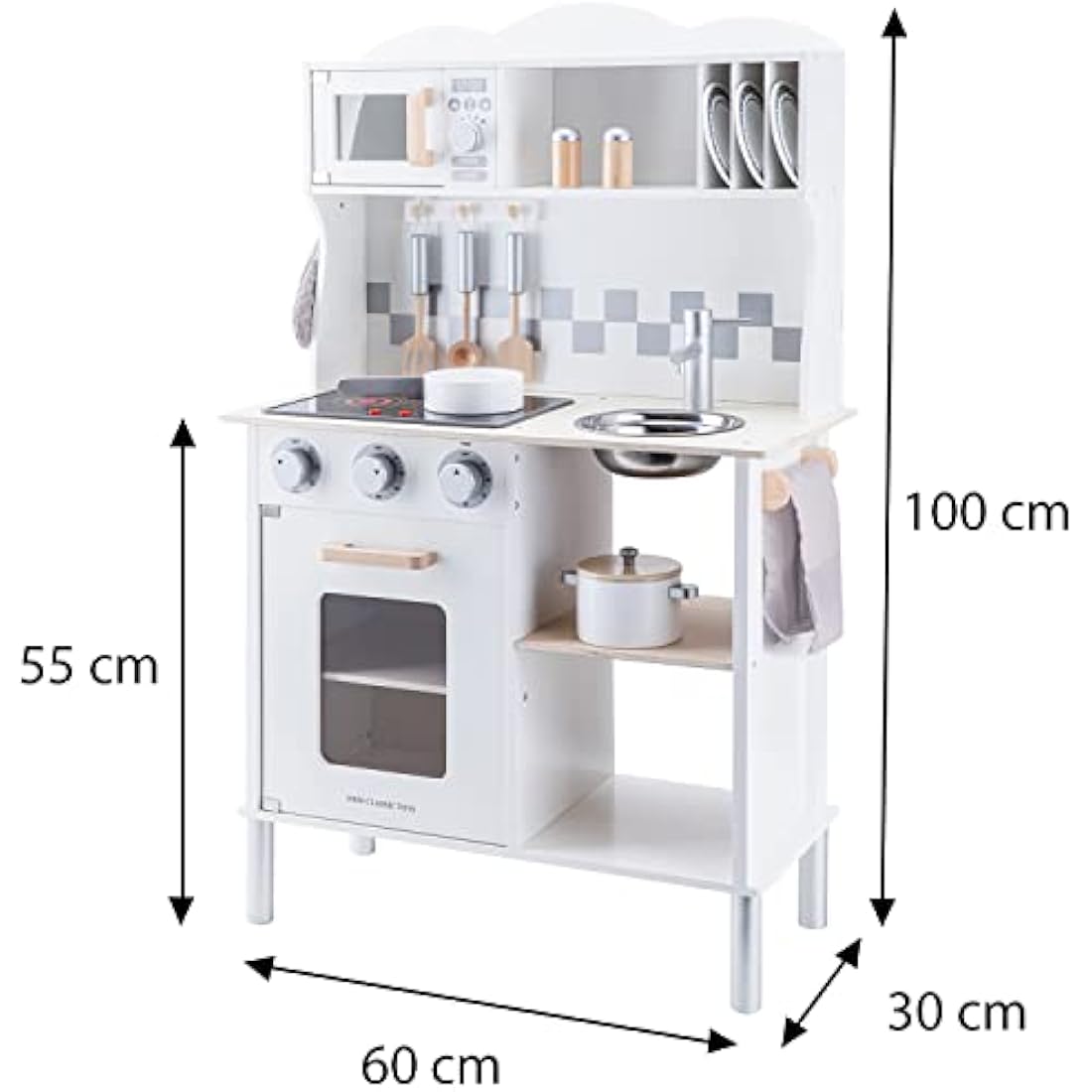 New Classic Toys 11068 Wooden Pretend Toy Kitchen for Kids Included Accessoires-Comes with Electric Cooking Plate-Makes Sound, White