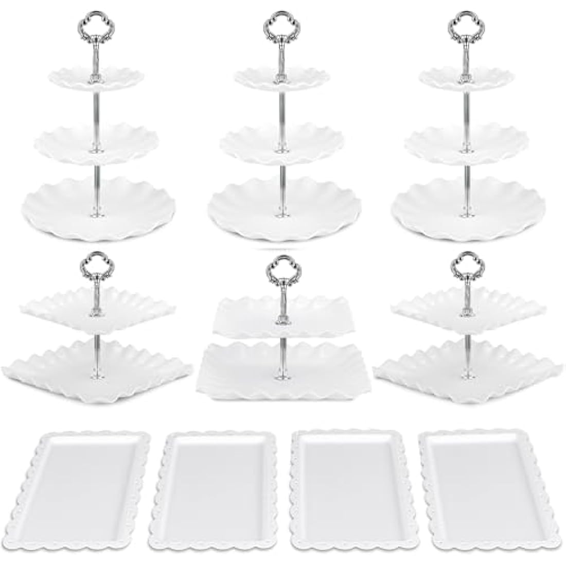 Pack of 10 NWK Cake Stand, Cupcake Stand, with 3 x Two-Tier Cupcake Stands, 3 x Three-Tier Cupcake Stands, 4 x Appetizer Trays, for Birthday Baby Bridal Shower Party (Silver)