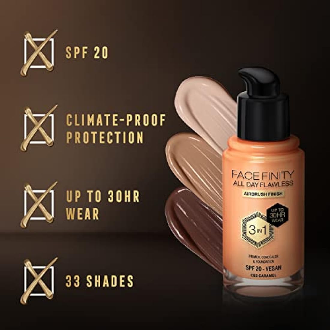 Max Factor Facefinity 3-in-1 All Day Flawless Liquid Foundation, SPF 20 - 85 Caramel (Packaging May Vary)