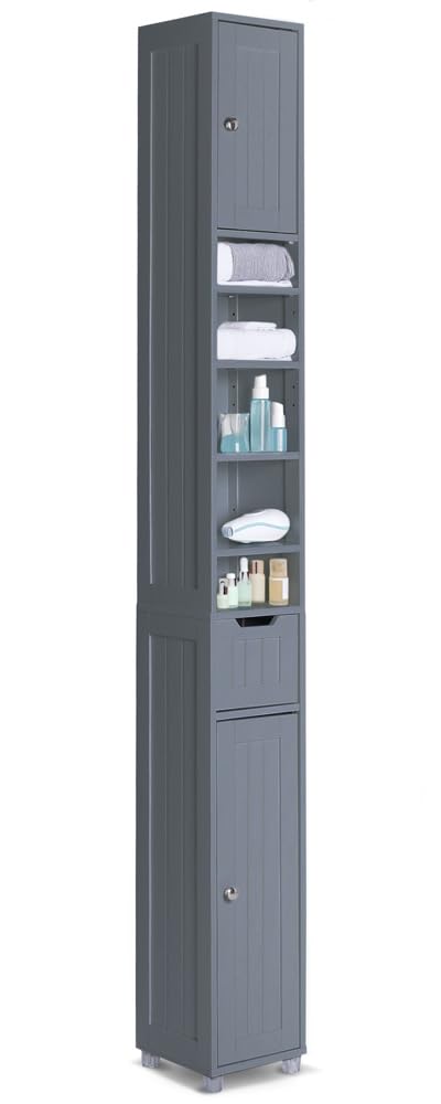 VOUNOT Tall Bathroom Cabinet Freestanding Storage Cabinet with Adjustable Shelf, 1 Drawer and 2 Doors Wooden Cupboard for Bedroom Living Room Kitchen