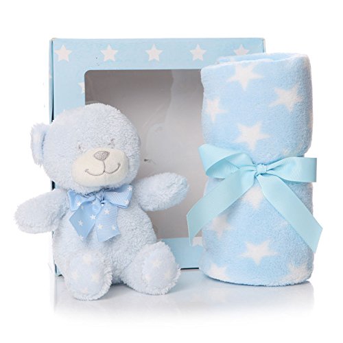 Blue Baby Blanket & Plush Teddy Bear Gift Set Boy New Born Christening Gift