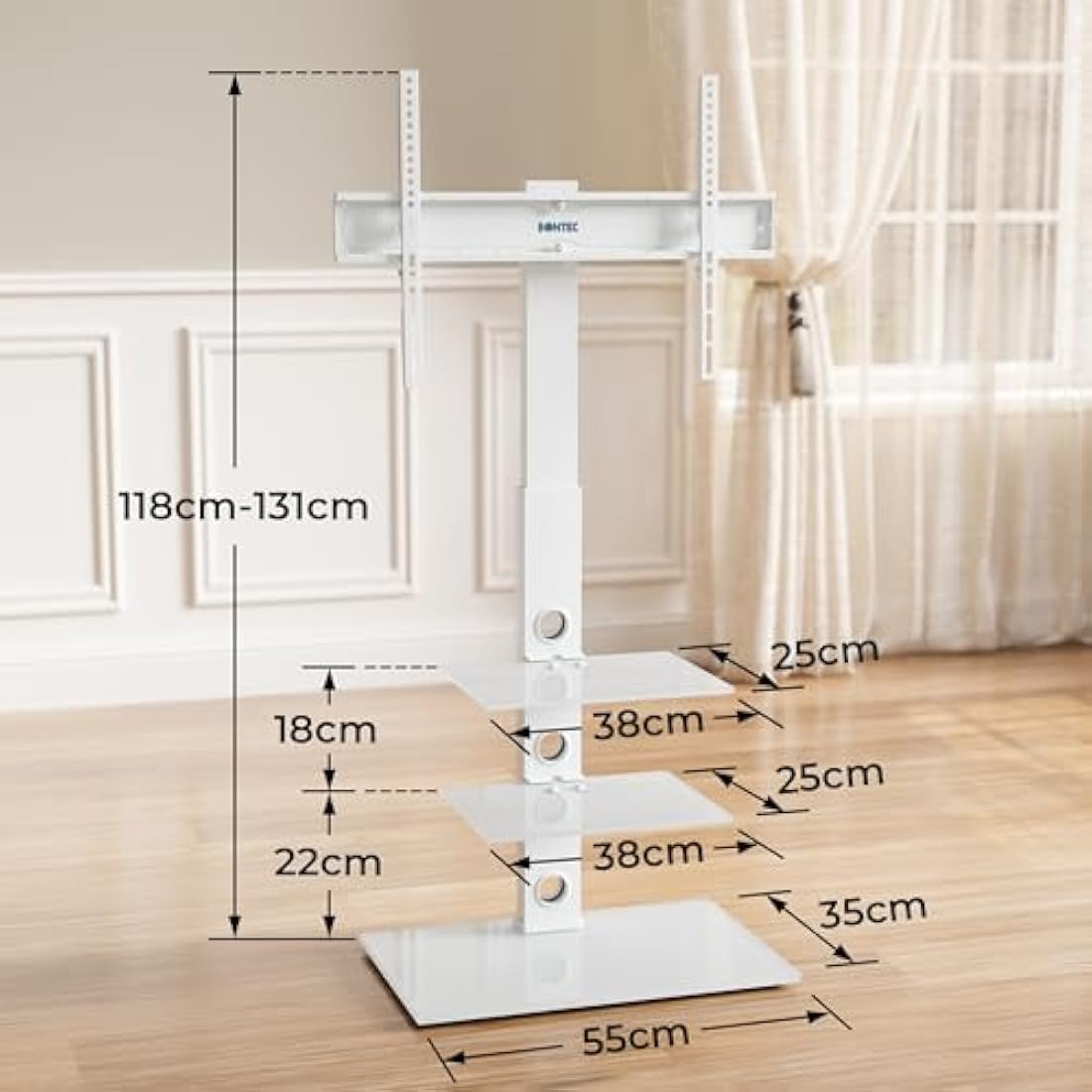 BONTEC Universal Floor TV Stand for 30-70 inch LED OLED LCD Plasma Flat Curved Screens, Height Adjustable Tall TV Stand with 3-Tier Tempered Glass Shelves up to 40KG, Max VESA 600x400mm (White)