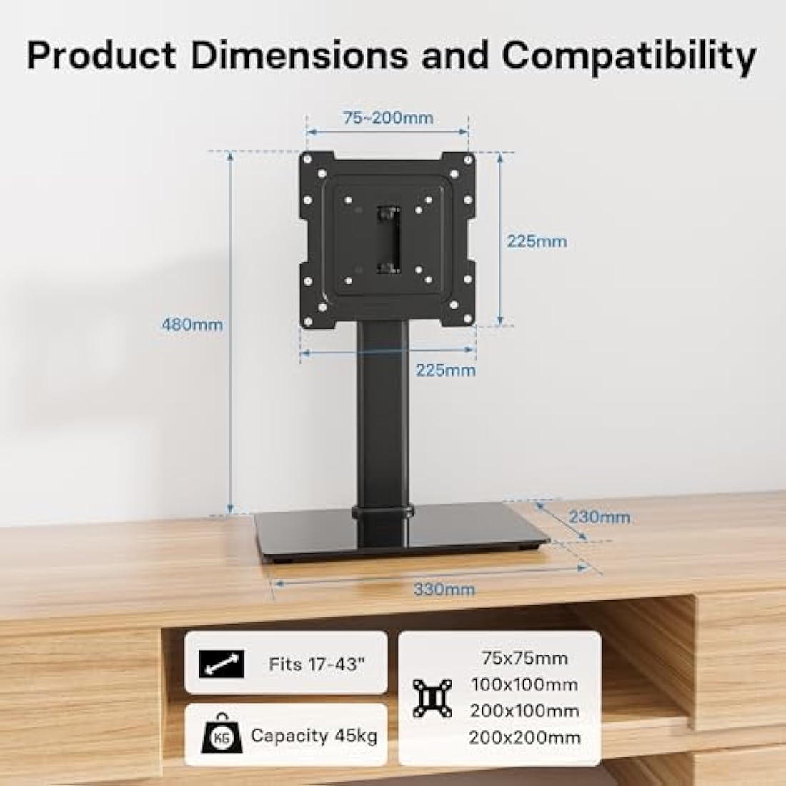 BONTEC Universal Swivel TV Stand for 17-43 inch Screens, Height Adjustable Table Top Pedestal TV Stand for LCD/LED/OLED/Plasma/Curved TVs up to 45kg, 2 Cable Ties Included