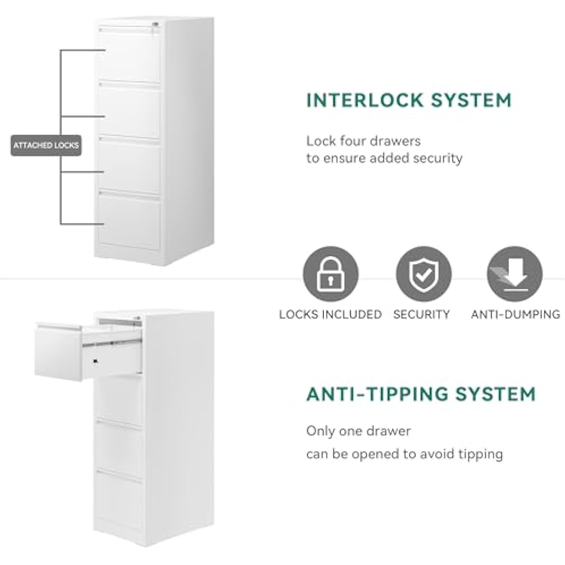 YITAHOME Filing Cabinet with 4 Lockable Drawers, Anti-tipping Rolling Filing Cabinet with Wheel for Home Office, Under Desk File Storage Cabinets for Letter/Legal/A4 Size, White, 62 x 45 x 133cm