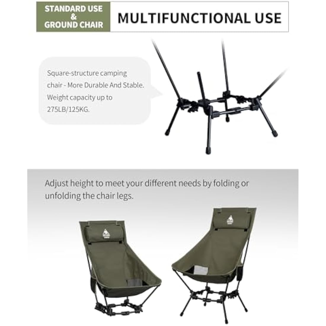 OneTigris Dragonhide Oversized Camping Chair with Pillow Design, Comfortable Widened Seat Folding, 275 lbs Capacity