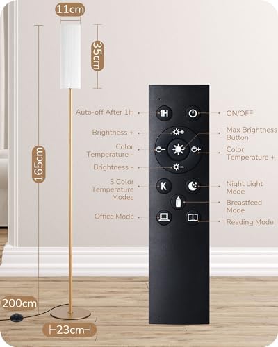 EDISHINE Floor Lamp, Standing Lamp with Wrinkled Linen Lampshade, Floor Lamps for Living Room, Bedroom, 165cm, E27 Socket(9W LED Dimmable Bulb Included), Magnetic Remote Control, Gold