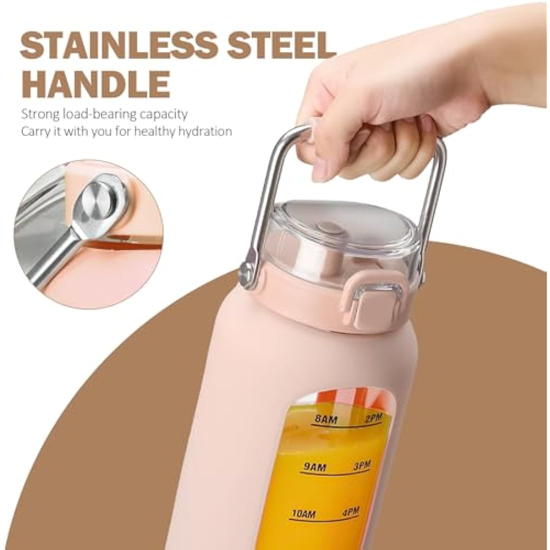 BLUEGO 2000ml Borosilicate Glass Water Bottle with Stainless Handle and Time Marker 2L Drinking Bottle with Silicone Sleeve and Straw for Gym Office Outdoor Sports Water Bottles BPA Free, Amber