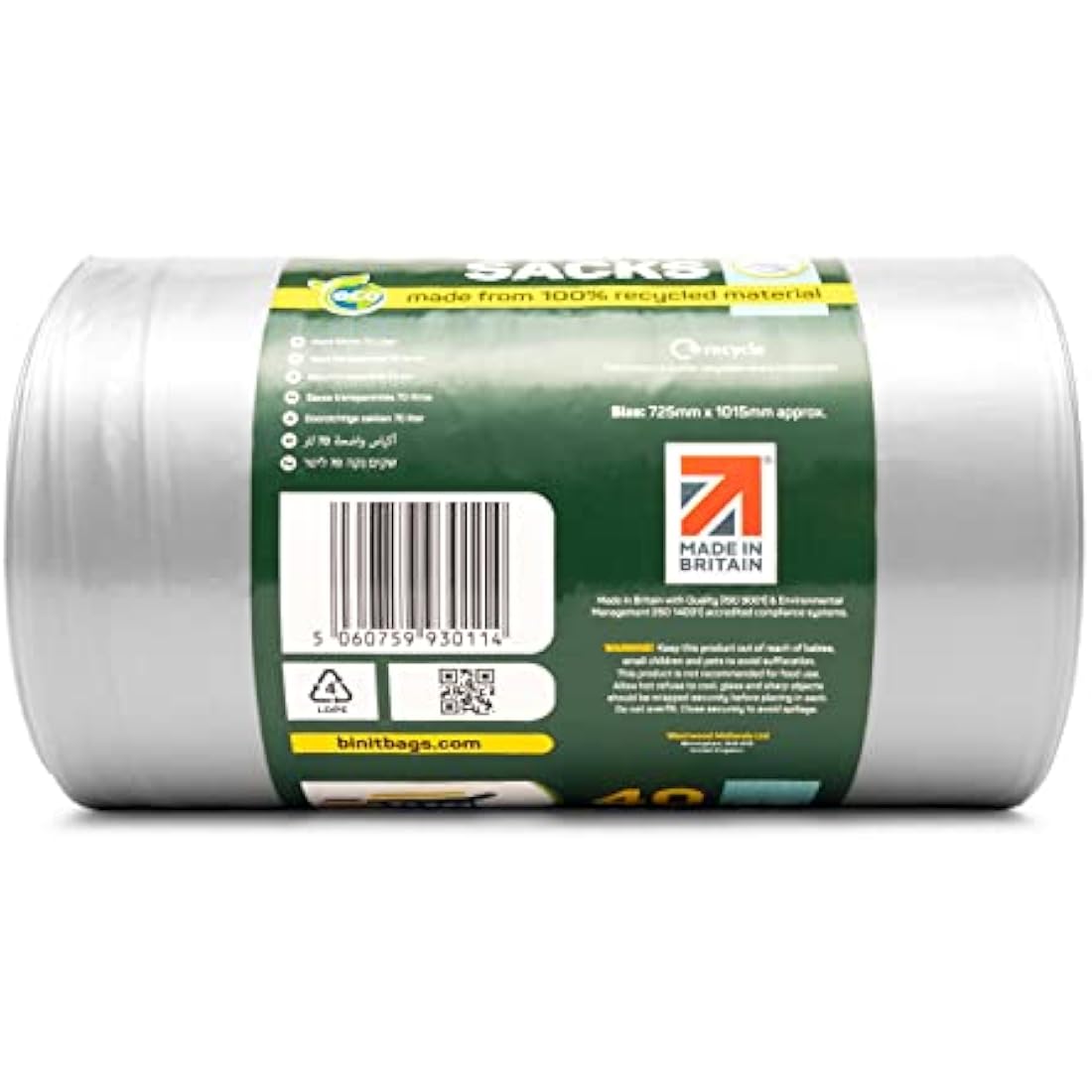 BIN IT 40 Clear Large 70L Strong & Secure, Tie Top, Recycling Sacks, Bin Bags, Bin Liners, Refuse Sacks, Recycled, Tear Resistant, 120 Gauge - 30 μm, Perfect for Everyday Use