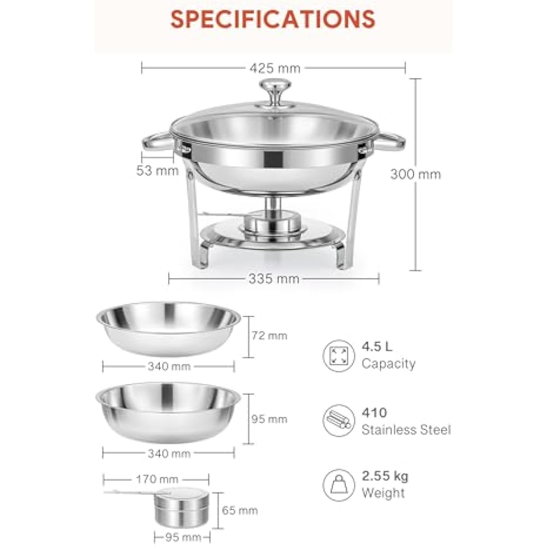 WILPREP Chafing Dish Buffet Set, 4 Pack 4.5L Round Chafers for Catering with Glass Lid & Lid Holder Water Food Pan, Stainless Steel Food Warmers