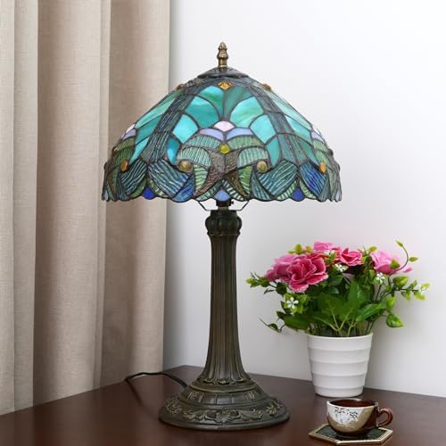 Blivuself Tiffany Lamp Green Liaison Style Stained Glass Table Lamp W12H18 Inch Antique Table Lamp Metal Base Desk Reading Light for Living Room Bedroom Bar Art Craft
