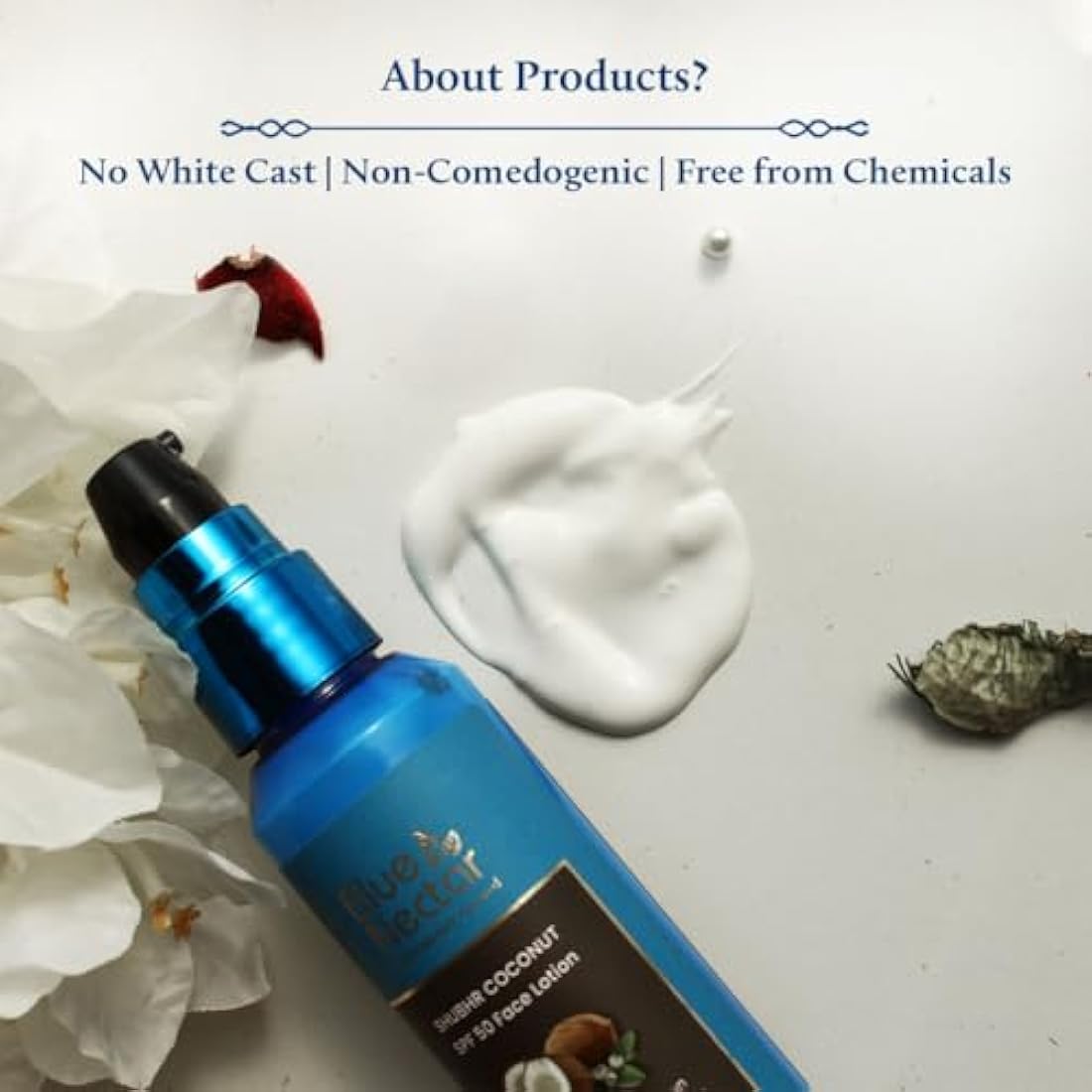 Blue Nectar Coconut Sunscreen SPF 50 Lotion | No White Cast, Plant Based Sunscreen with Vitamin C for Skin Brightening (18 Herbs, 50ml)