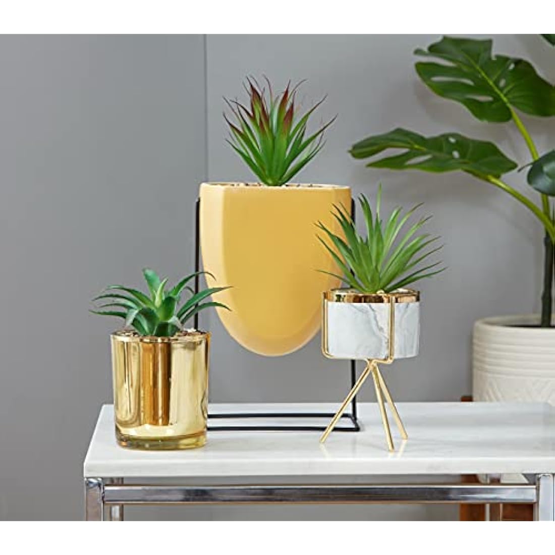 Sleepdown Halo Green Aloe Vera Leaf Gold Pot Artificial Faux Plant for Home Office Bathroom Decor Indoor Decoration Aesthetics, Small