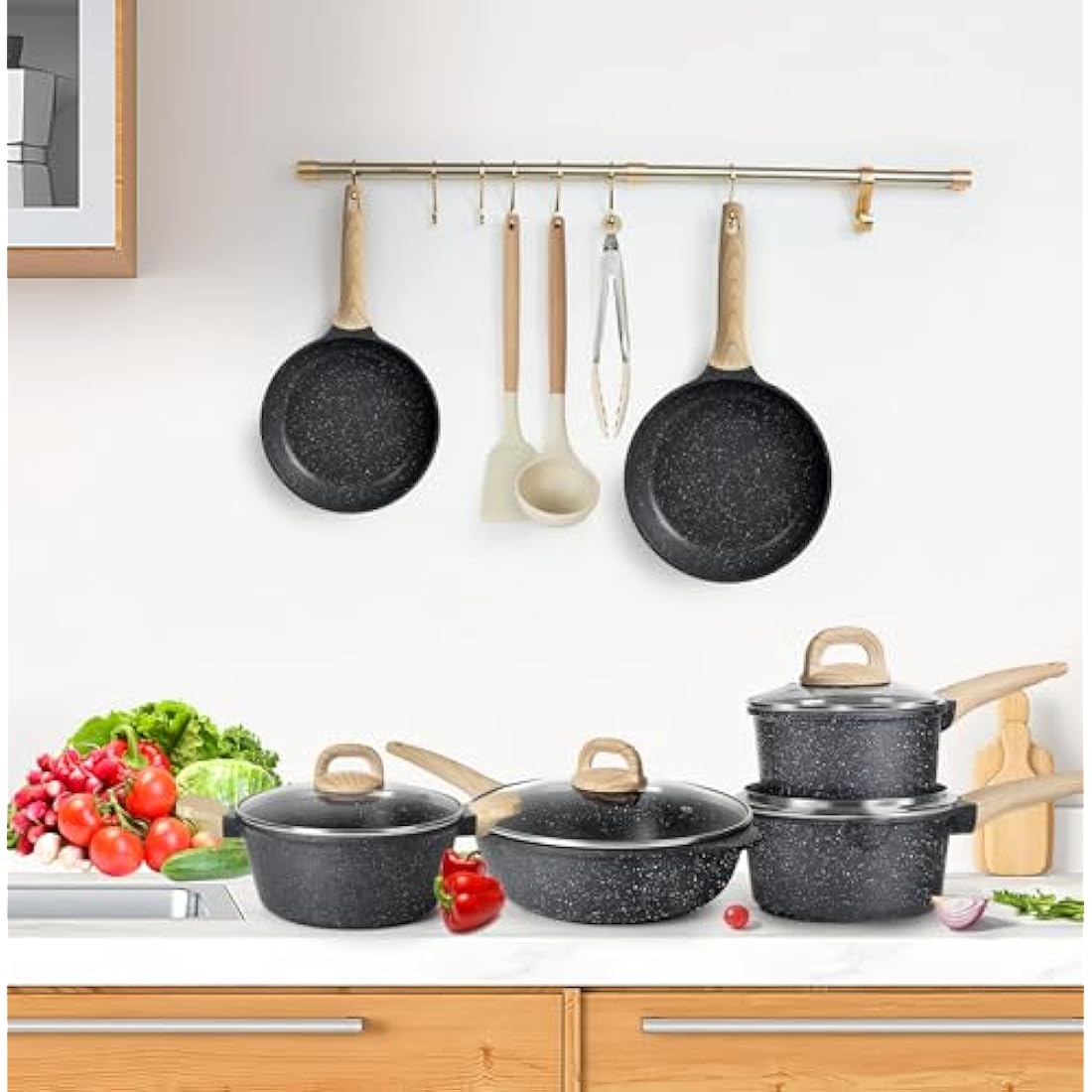 Terlulu Induction Hob Pots and Pans Set - 13pcs Nonstick Cooking Pans Set, Black Granite Cookware Set with Lid, Non Stick Saucepan Set, Frying Pan Set, PFAS PTFE PFOA PFOS Free