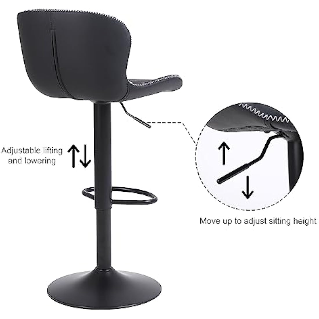 Youhauchair Bar Stools Set of 2, PU Leather Counter Height Barstools with Back, Height Adjustable Swivel Bar Chairs, Modern Armless Kitchen Island Stool, Black