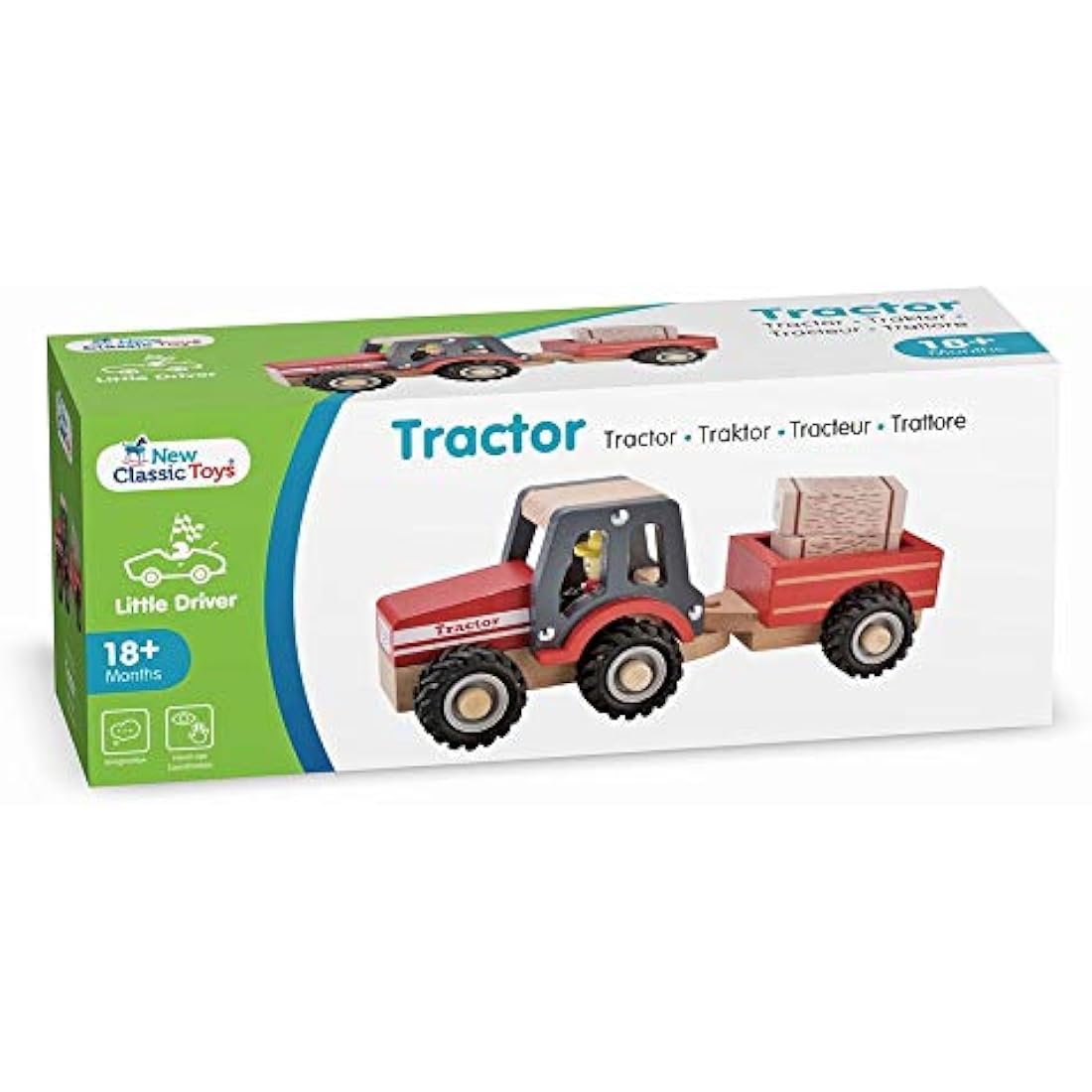 New Classic Toys Wooden Tractor with Hay Stacks for Toddlers 18+ Months Educational Toys for Preschool Age Toddlers Boys Girls, Red