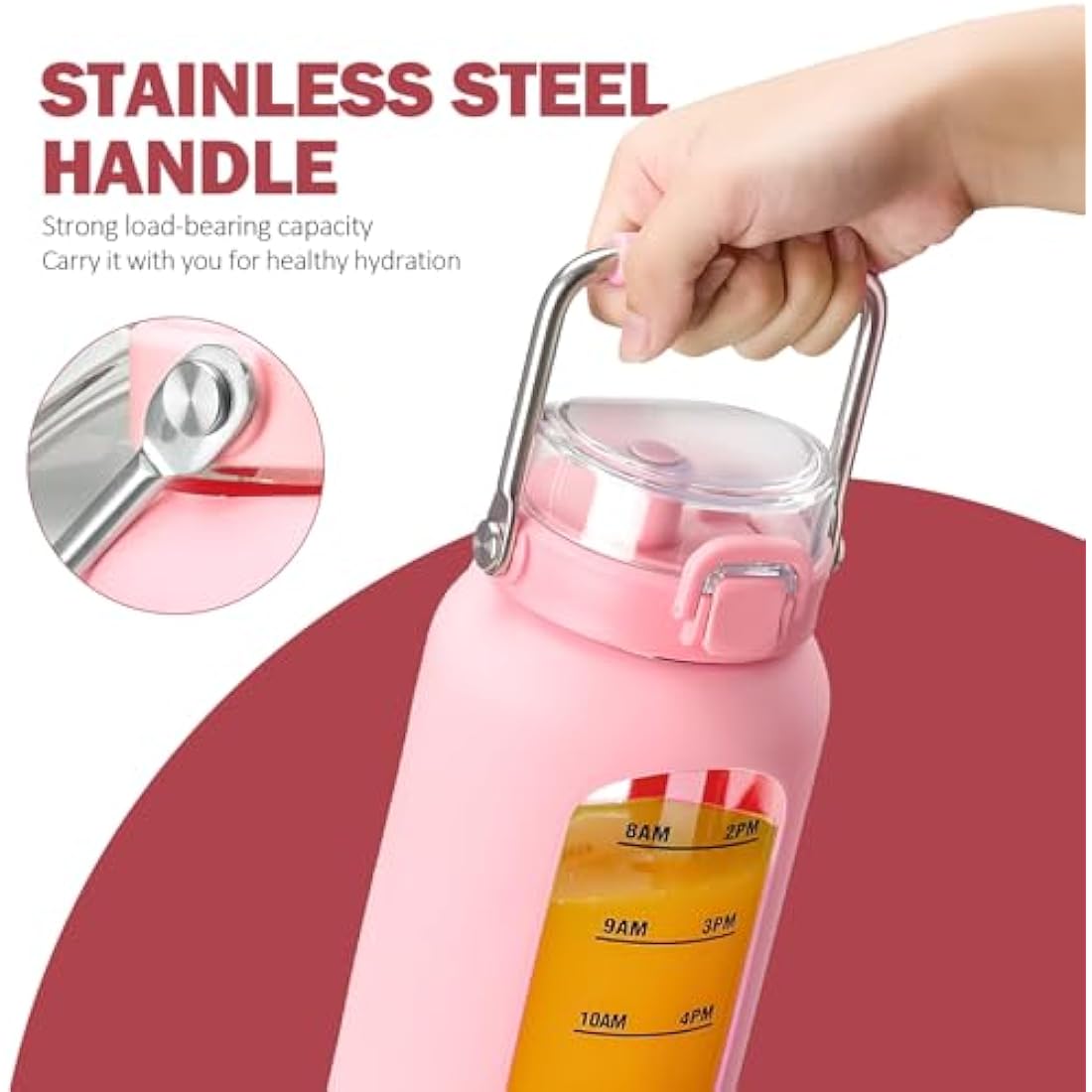 BLUEGO 2000ml Borosilicate Glass Water Bottle with Stainless Handle and Time Marker 2L Drinking Bottle with Silicone Sleeve and Straw for Gym Office Outdoor Sports Water Bottles BPA Free, Pink