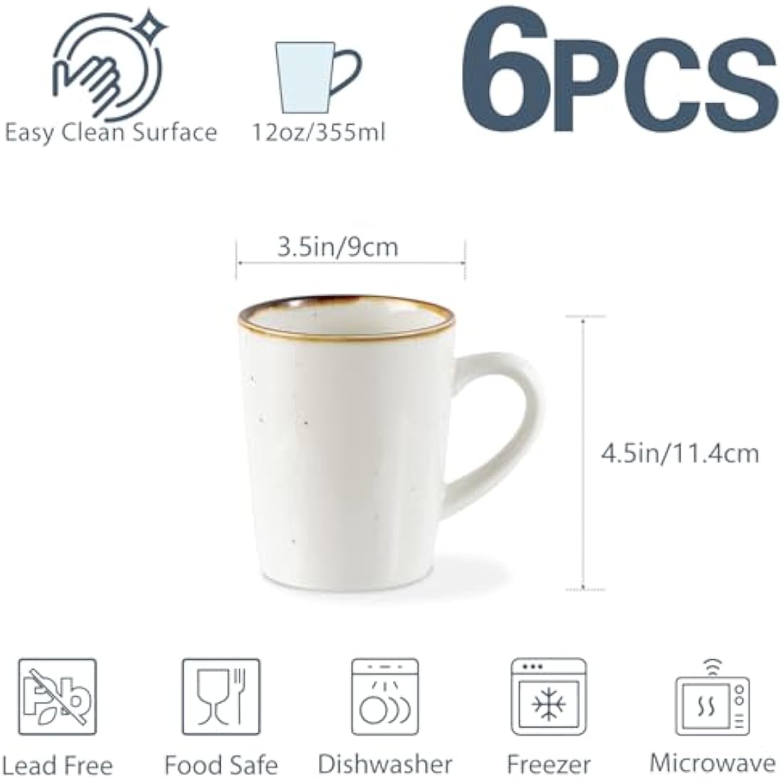 ONEMORE Porcelain Coffee Mugs Set of 6, 360ml Cream Mugs with Handle, Ceramic Coffee Cups Set for Tea, Milk, Juice, Hot Chocolate, Latte, Speckled Design