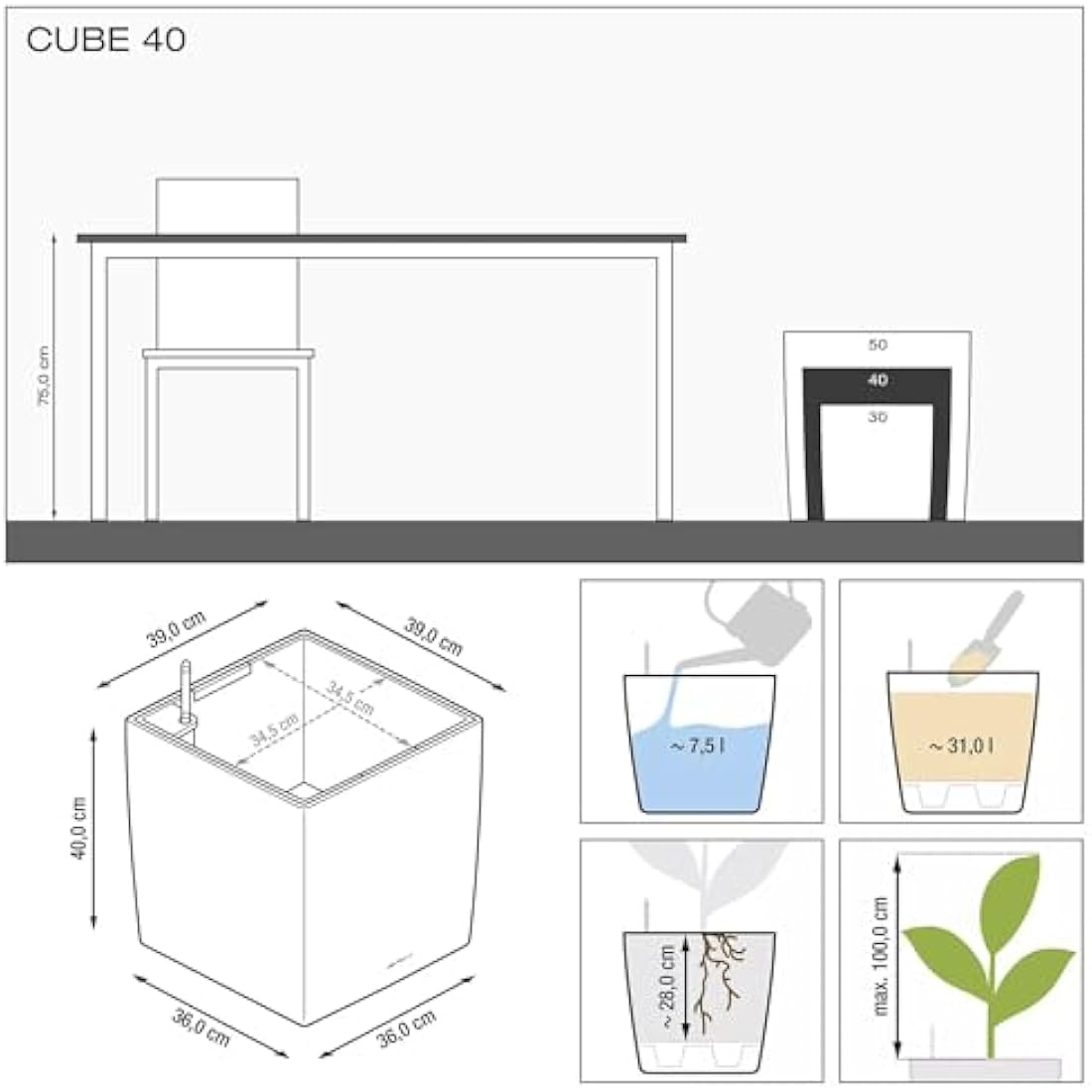Lechuza Self Watering Plant Pot CUBE 40 Garden Flower Indoor and Outdoor Plastic Planter with Drainage Hole H40 L40 W40 cm Charcoal Metallic