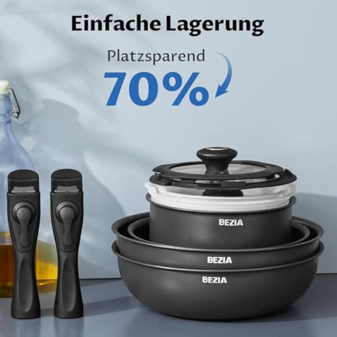 BEZIA Induction Hob Pans Set 13 Pieces, Non Stick Pots and Pans Set with Detachable Handles, Nonstick Kitchen Cookware Sets with Removable Handle, Stackable RV Frying Pans for Campers, Oven Safe