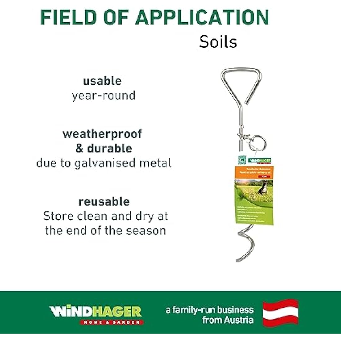 Windhager 07134, Ground Anchor, Peg Lead, Dog Stake, Spiral for Garden, 41 cm x 8 mm, galvanised, 4 x 8,5 x 41 cm