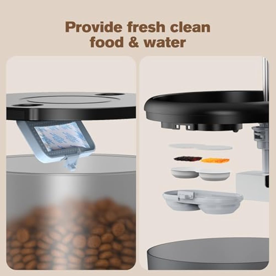 Automatic Cat Feeder and Water Fountain: Cat Food Dispenser with Timer and Pet Drinking Fountain Indoor, 3L Pet Feeder for Dry Food &2.4L Faucet Water Fountain Black, Auto Dog Bowl Programmable 6 Meal